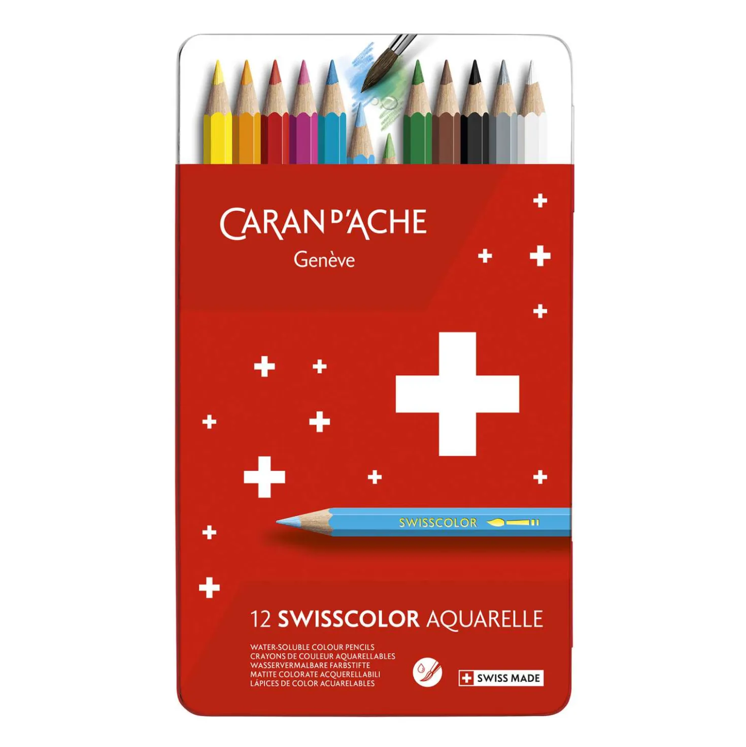 Caran D'Ache - Swisscolor, Set di matite colorate acquerellabili in astuccio di metallo