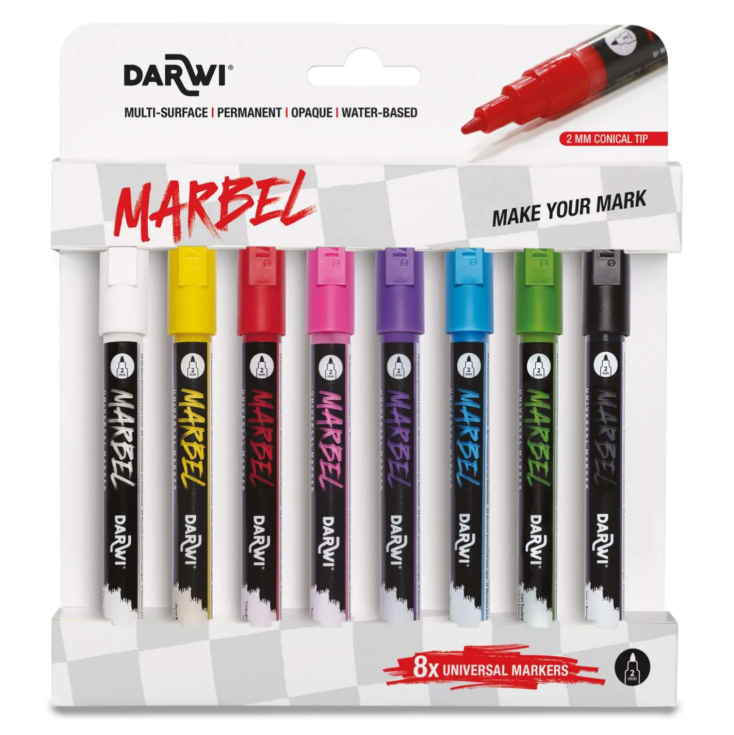Darwi - Marbel, Marker universali, Set da 8 con punta 2 mm
