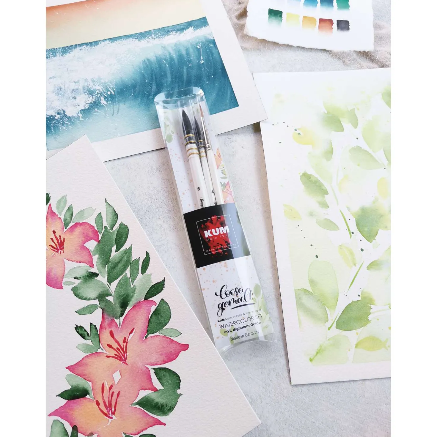 Kum - Loose Painting Watercolour, Set di 3 pennelli per acquerello